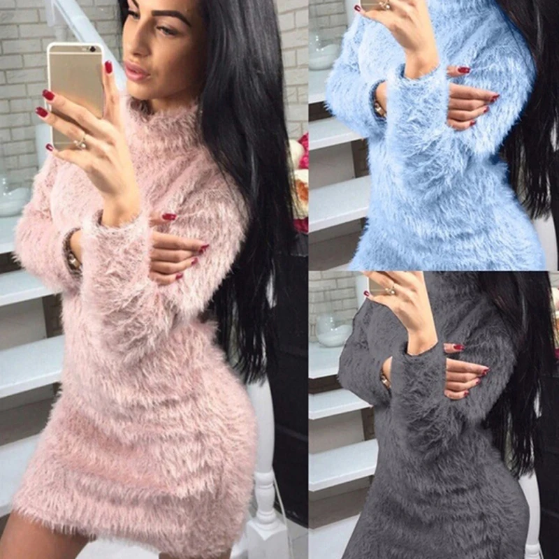 

Winter Plush Warm Sweater Dress Sexy Turtleneck Bodycon Soft Dress Long Sleeve Solid Sweater Fleece Warm Basic Short Mini Dress