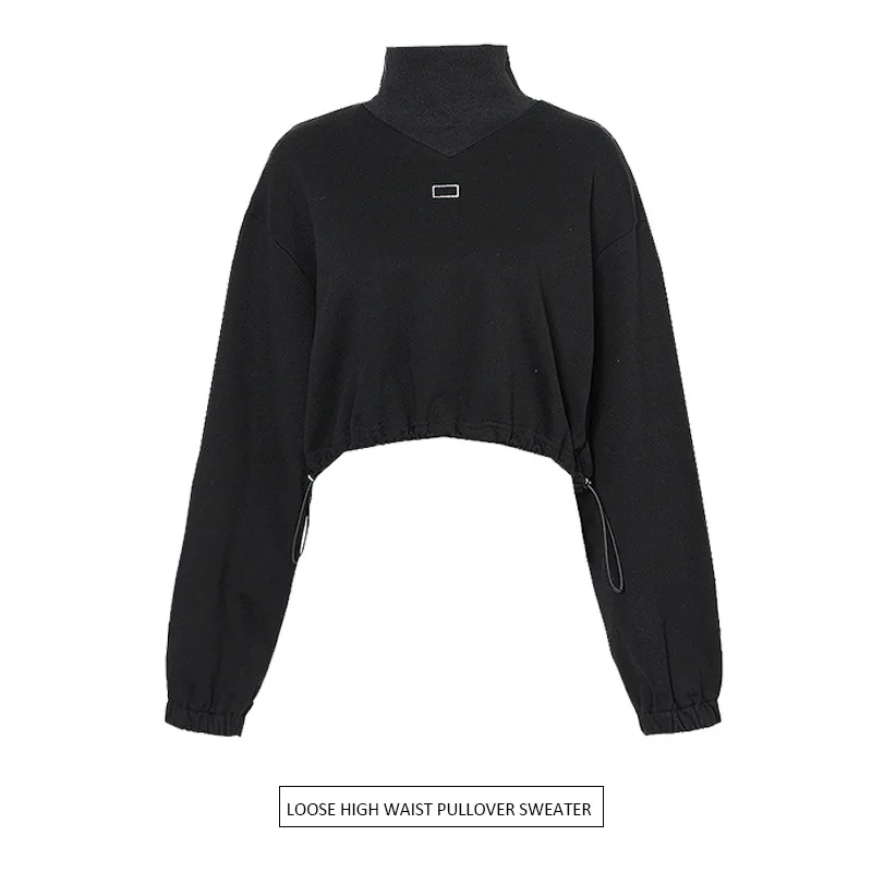 Women Spring Autumn New Fashion Casual Stand-up Collar Sweater Sexy Navel-like Temperament Hem Elastic Waist Short Pullover