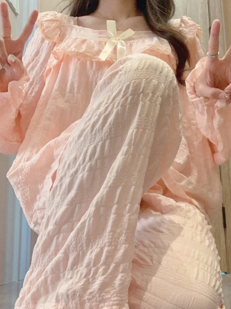 Женские пижамы с расклешенными рукавами милый дизайн бантом нежная мягкая