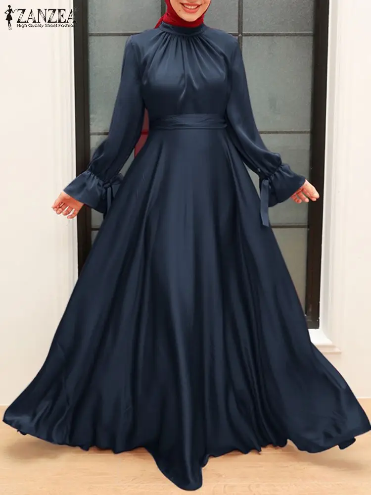 

2022 ZANZEA Oversized Muslim Women Dress Spring Long Sleeve O-Neck Solid Abaya Kaftan Sundress Elegant Fashion Casual Long Robe