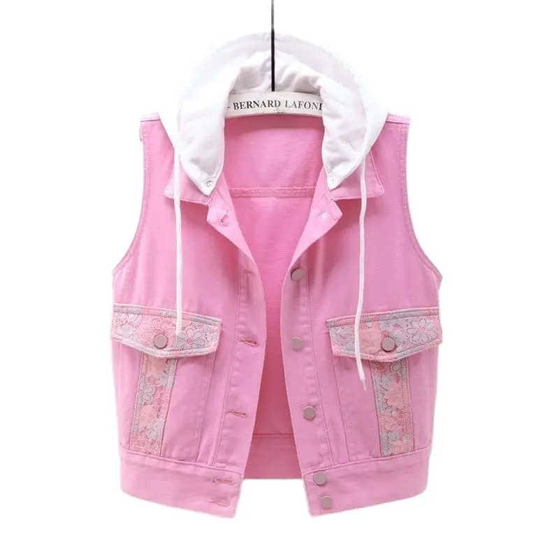 

New 2022 Spring Summer Autumn Cowboy Vest Female Waistcoat Korean Short Hooded Sleeveless Pink Vest Jacket Women Denim Top 5XL