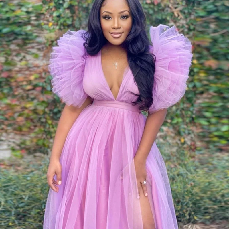 2023 New in Women Tull Maxi Dress White Pink Deep V Neck Puff Sleeve Birthday Formal Evening Party Long Dresses