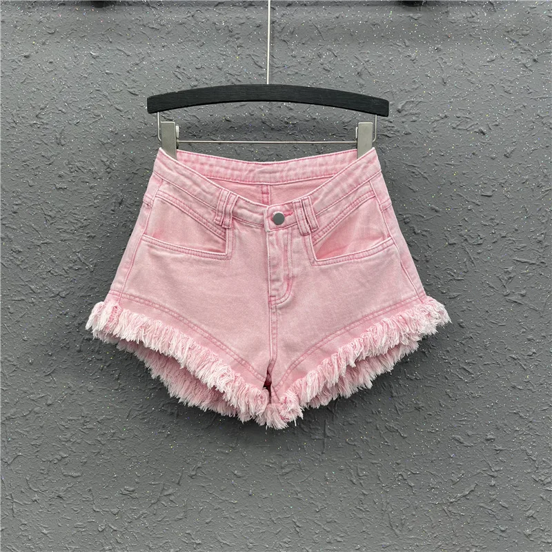 Ladies 2022 summer new street INS pink stitching fashion fringe tassel design straight denim shorts hot pants
