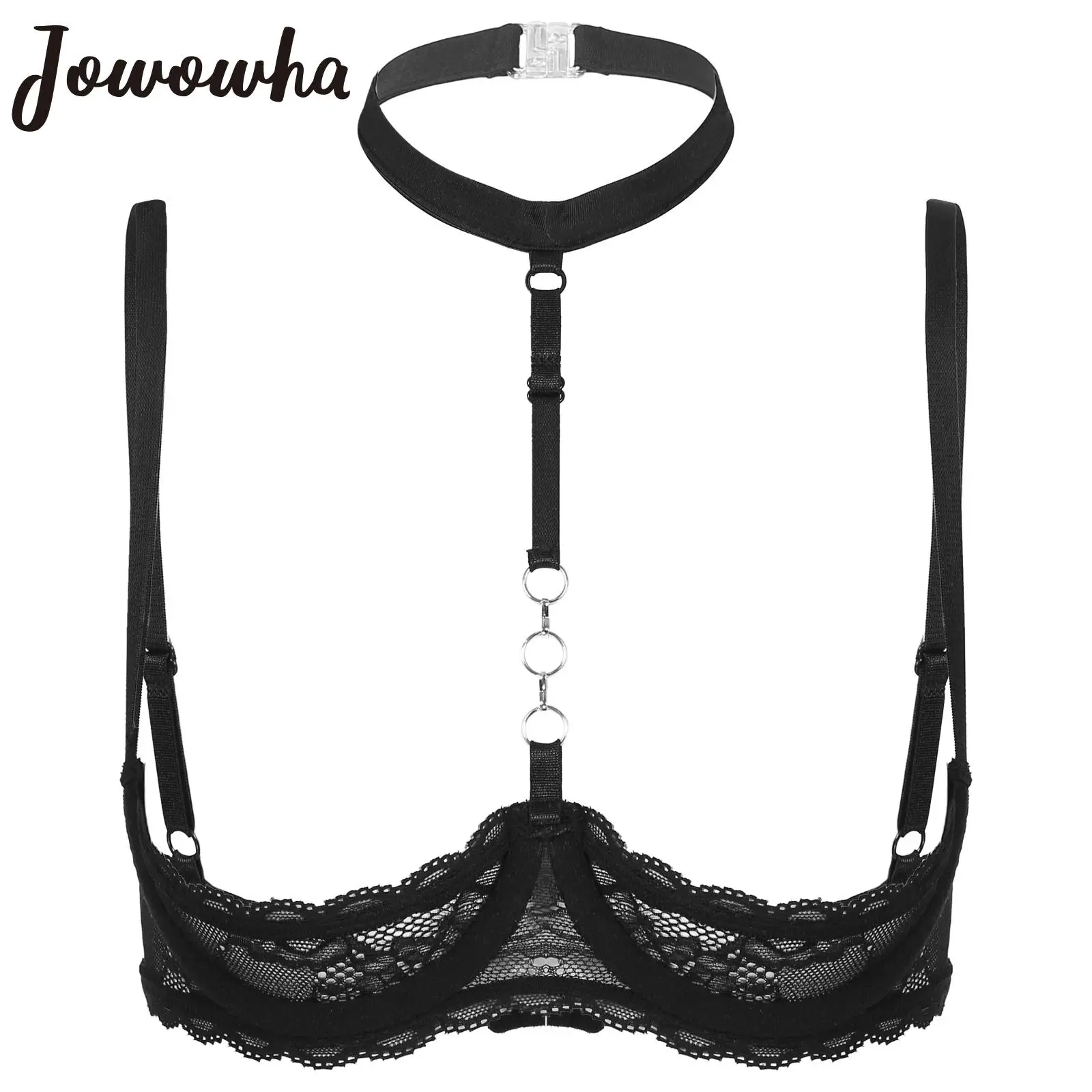 

Женский бюстгальтер с чашками пуш-ап, кружевной бюстгальтер с лямкой на шее и круглым кольцом, 1/4