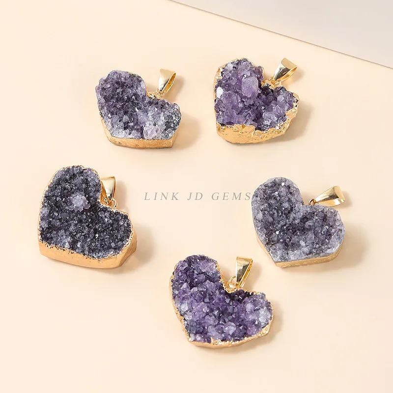 

Позолоченный кулон в форме кластера аметиста в форме сердца, ожерелье «сделай сам» с зубьями аметиста и кристаллами, ювелирные аксессуары, оптовая продажа