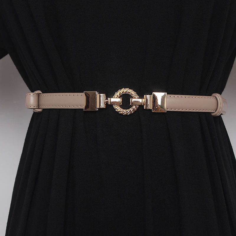 Women's Belt Elegant Circle Buckle Double Pressing Line Cowhide Adjustable Split Leather Wasit Belts