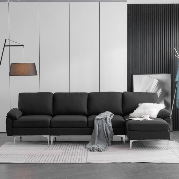 

L-Shaped Fabric with Chaise Iron Feet 4 Seats Indoor Modular Sofa Black Living Room Furniture