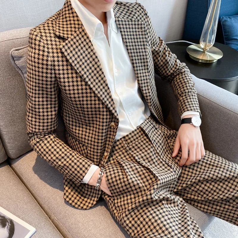 2023 Spring New Suit Men's Trend Plaid Korean Version British Slim Fashion Casual Handsome Single Suit Jacket for Men Men Suits