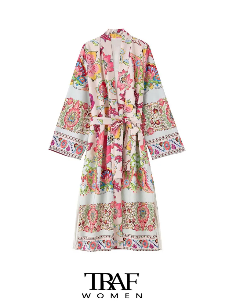 

TRAF Women Fashion With Belt Printed Open Kimono Dress Vintage Long Sleeve Split Hem Female Dresses Vestidos Mujer