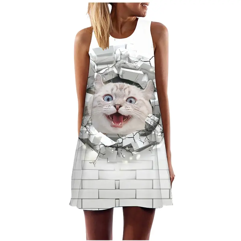 

Женское свободное мини-платье без рукавов, повседневное милое платье-трапеция с круглым вырезом и забавным принтом кошки, лето 2023