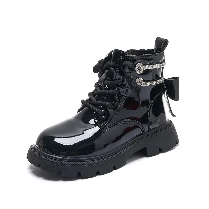 

2023 Four Seasons Kids Girls Boots PU Leather Waterproof Plush Kids Snow Boots Fashion Children Shoes Non-slip Shoes Back Bow