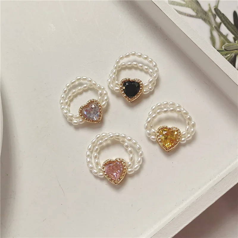 

Korean Fashion Pearl Double Rings for Women In The Shape of A Heart Engagement Wedding Lord of The Boho Jewelry Sweet Gift
