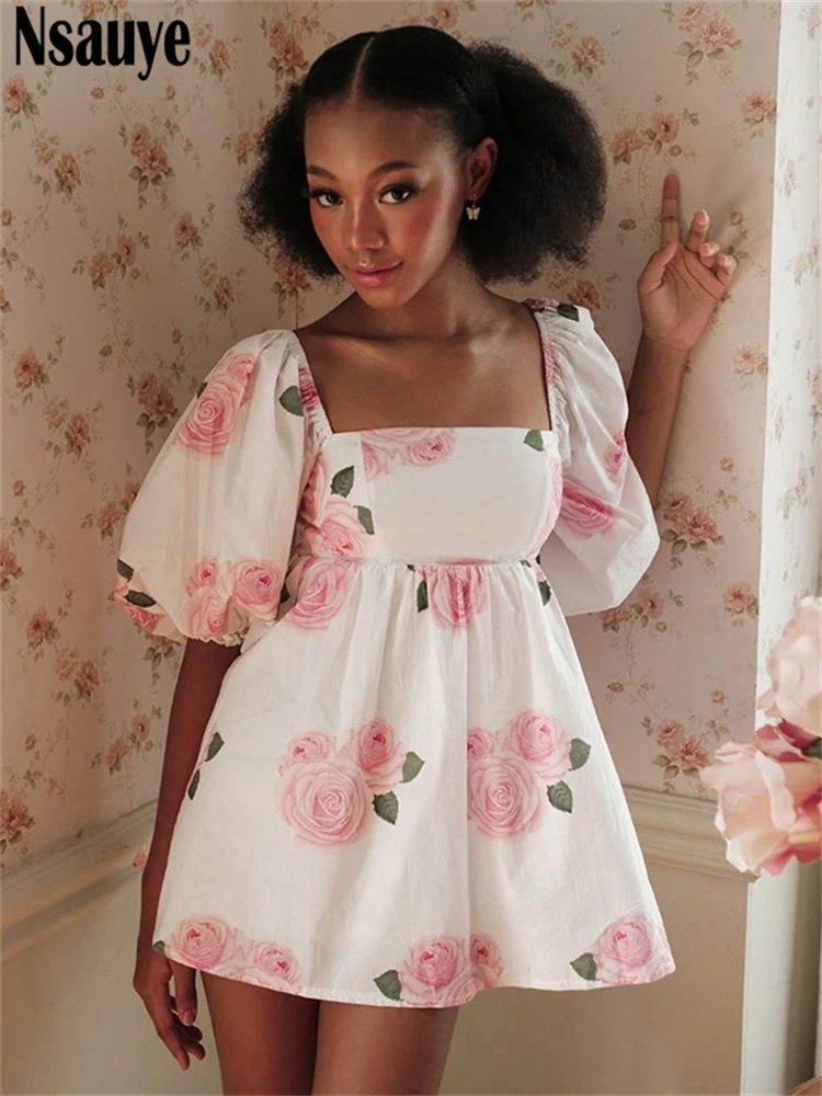 

Nsauye Square Collar Sexy Club Mini Skinny A-line Kawaii Cute Short Puff Sleeve Dress For Women 2022 Party Summer Dress Outfits
