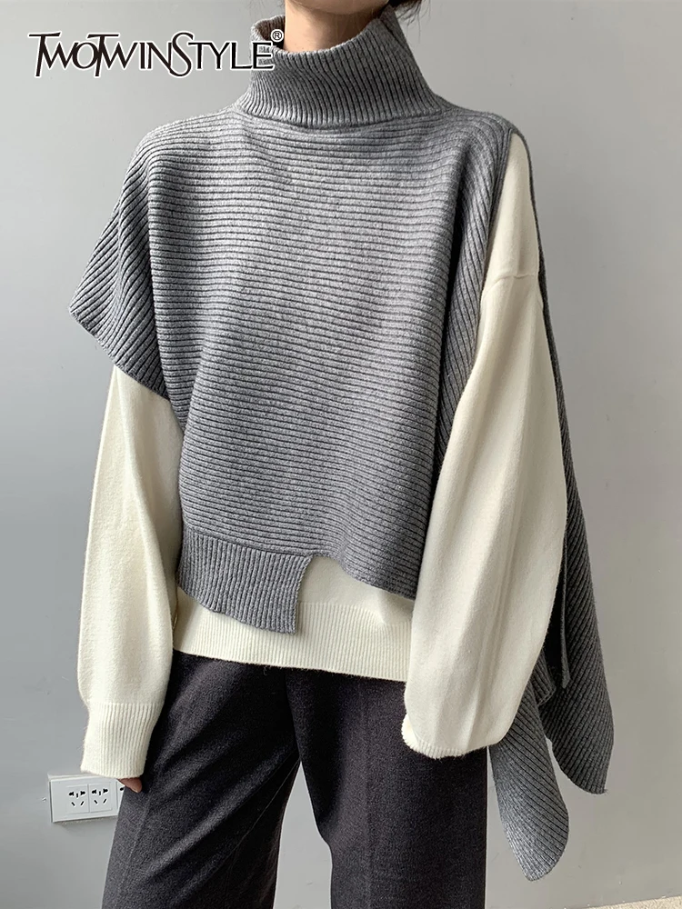 

TWOTWINSTYLE Loose Knitting Sweater For Women Turtleneck Batwing Sleeve Irregular Minimalsit Solid Pullover Female Clothing 2022