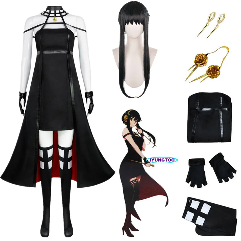 

Anime Spy X Family Yor Forger Cosplay Costume Black Dress Earring Women Outfit Halloween Carnival Party Party Prop