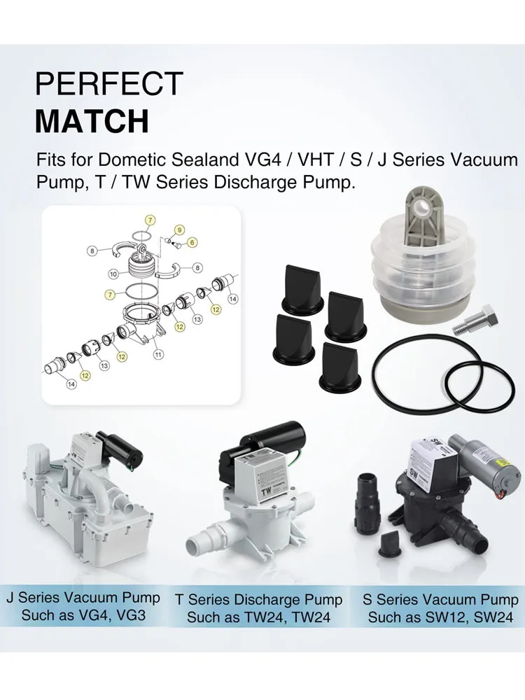 385310076 1-1/2'' Duckbill Valve & 385230980 Pump Bellow & 385310151 O-Ring For Dometic S, T, J, VHT,  VG Series Vacuum Pump Kit