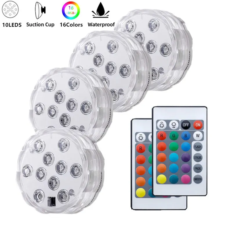 

10 LED RGB Submersible Lights Battery Operated Underwater Lights with Remote Outdoor Vase Bowl Pond Garden Party Decoration New