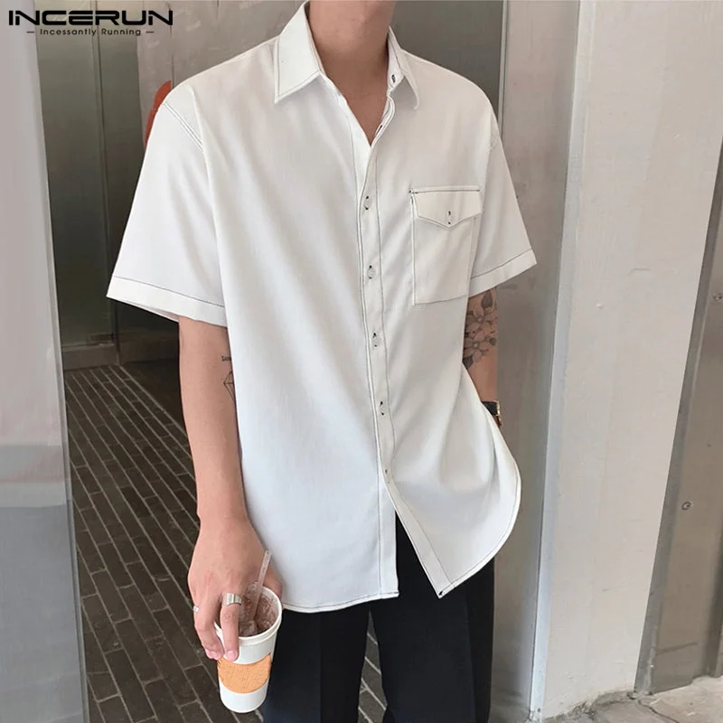 

Красивые мужские универсальные Топы INCERUN, цветная контрастная блузка с отложным воротником и карманами, Повседневная модная рубашка с коротким рукавом