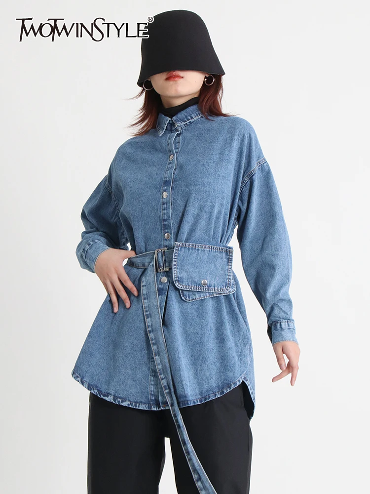 

TWOTWINSTYLE Korean Fashion Shirt For Women Lapel Long Sleeve Solid Minimalsit Denim Blouses Female Fashion Clothing New 2022
