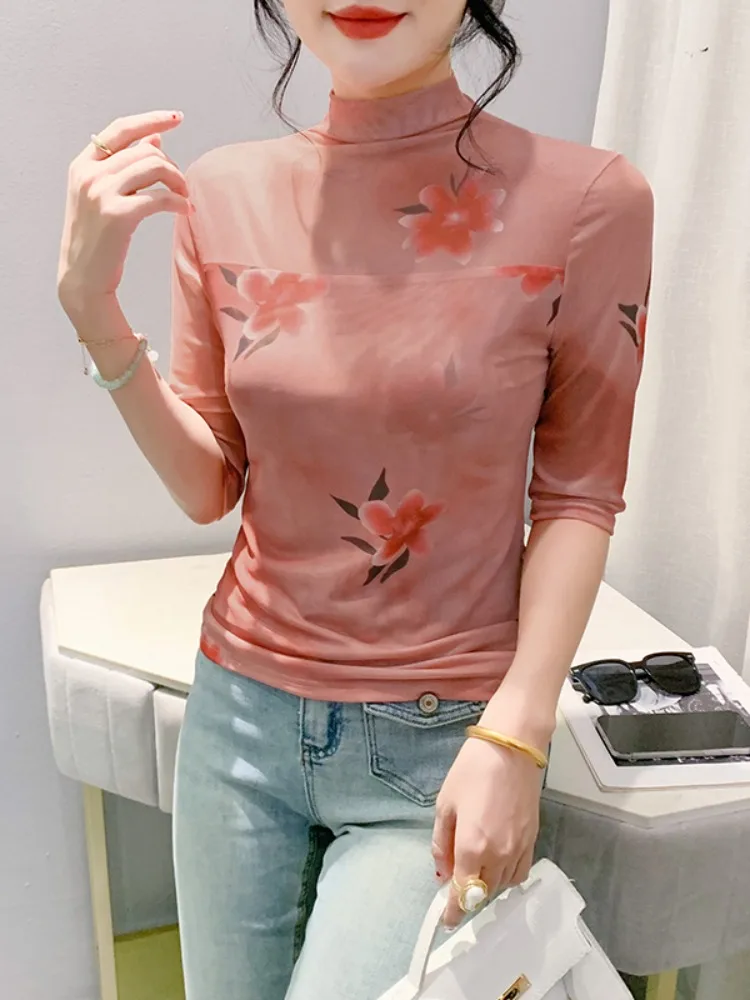 Женская футболка с полувысоким воротником сетчатая одежда Новинка лета 2024