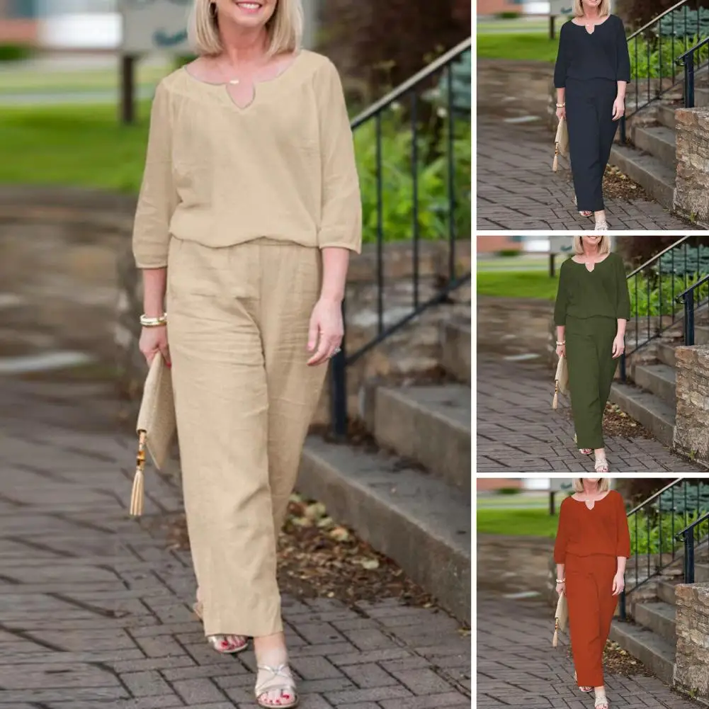 

2Pcs/Set Women Vintage V-neck 3/4 Sleeve Tops High Waist Wide Leg Pants Set Solid Color Loose Outfit conjuntos de pantalones
