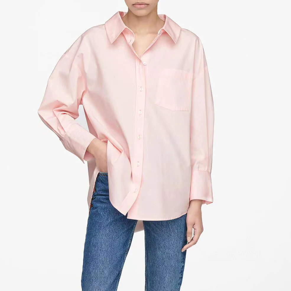 

Simple casual women pink cotton shirt tops fashion loose lady all-match blouse