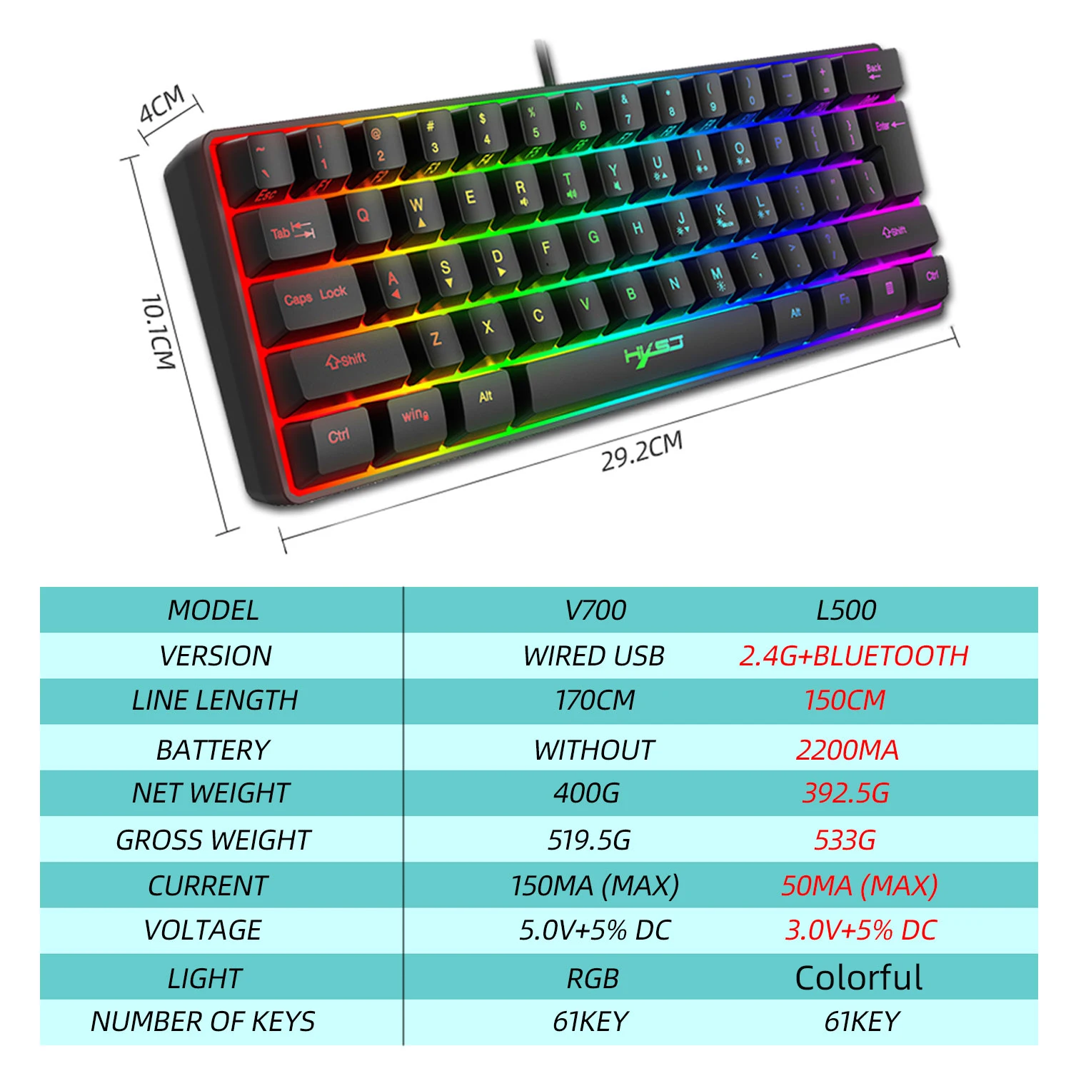 hxsj gaming keyboard 61 keys rgb backlit 60 60 business keyboard us wired wireless bluetooth mini compact pc gamer mac ps4 free global shipping