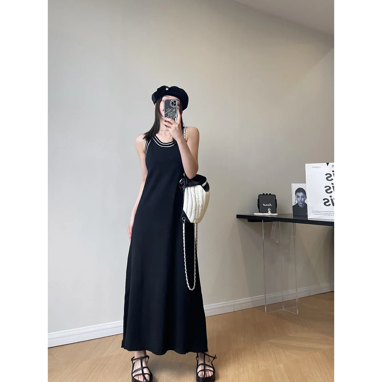 

Женское трикотажное платье в полоску, свободное облегающее длинное платье без рукавов с круглым вырезом и кулиской в Корейском стиле