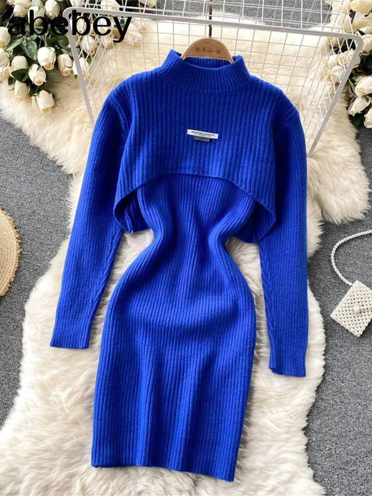 

Women Elegant Slim Two Piece Sets Female Sweater Dress Autumn Winter High Waist Knitted Ensemble Femme Medium Long Party Dresses