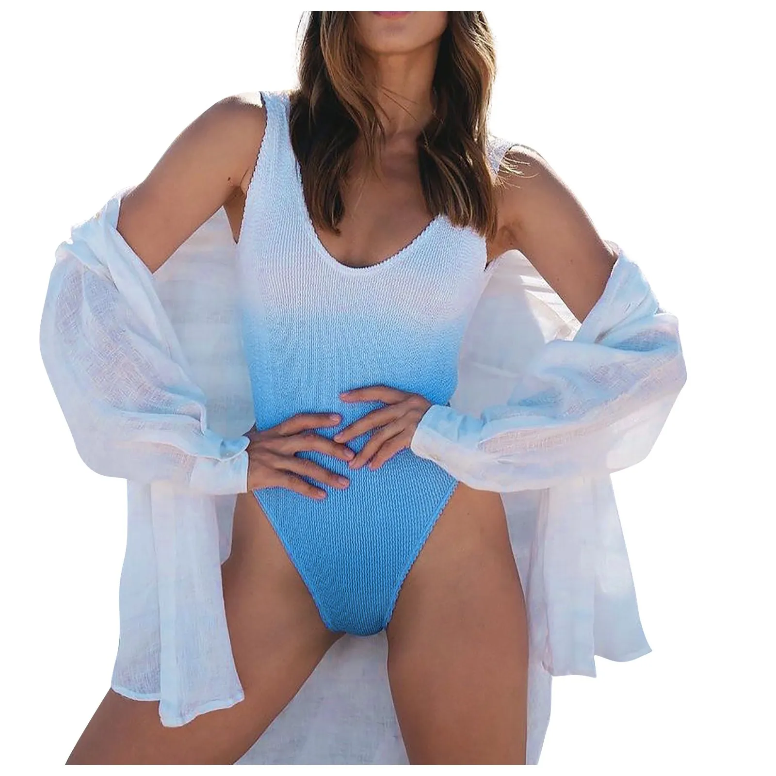 

Gradient Blue Women's Bikinis Set Special Fabric Gradient Sexy High Waist Female Swimwear One- Piece Fashion Ladies Swimsuit