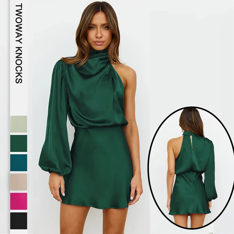 

Satin Elegant Evening Dresses Women Fashion New Long Sleeved One Shoulder Sleeveless Bridesmaid Dress Mini Short Party Dress