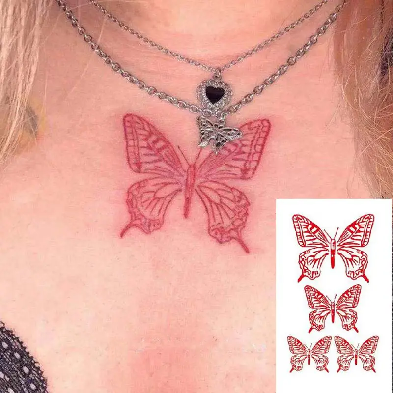 

Red Butterfly Temporary Tattoos Waterproof Colorful Arm Wrist Chest Fake Tatto Stickers For Women Grils Flash Decals Tatoos