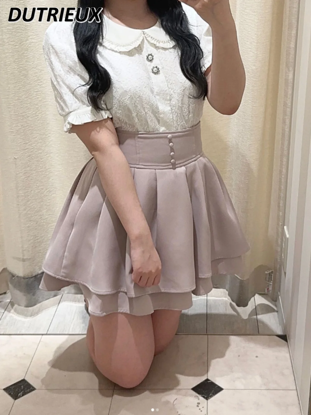 

Japanese Style Doll Collar Top Fashion Summer New Lace Shirt Sweet Pearl Ribbon Mass-Produced Short Sleeve Shirt for Women