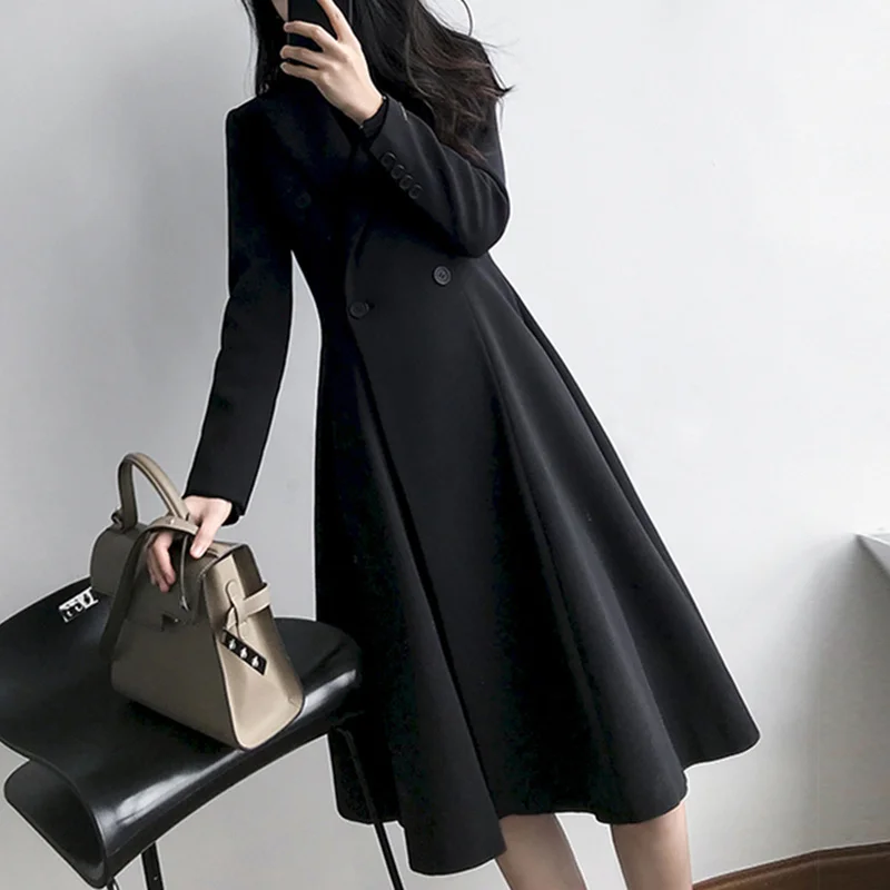 

Plus Size New Korean Solid Fairy Coat 2021 Spring Fall Women Coat Slim OL Commuting Mid Long Skirt Style Belly Wrapped Overcoat