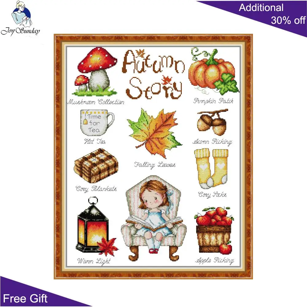 

Joy Sunday Autumn Story FA377 Home Decor Mushroom Pumpkin Quilt Lamp Sock Tea Cup Apple Little Girl Cross Stitch kits