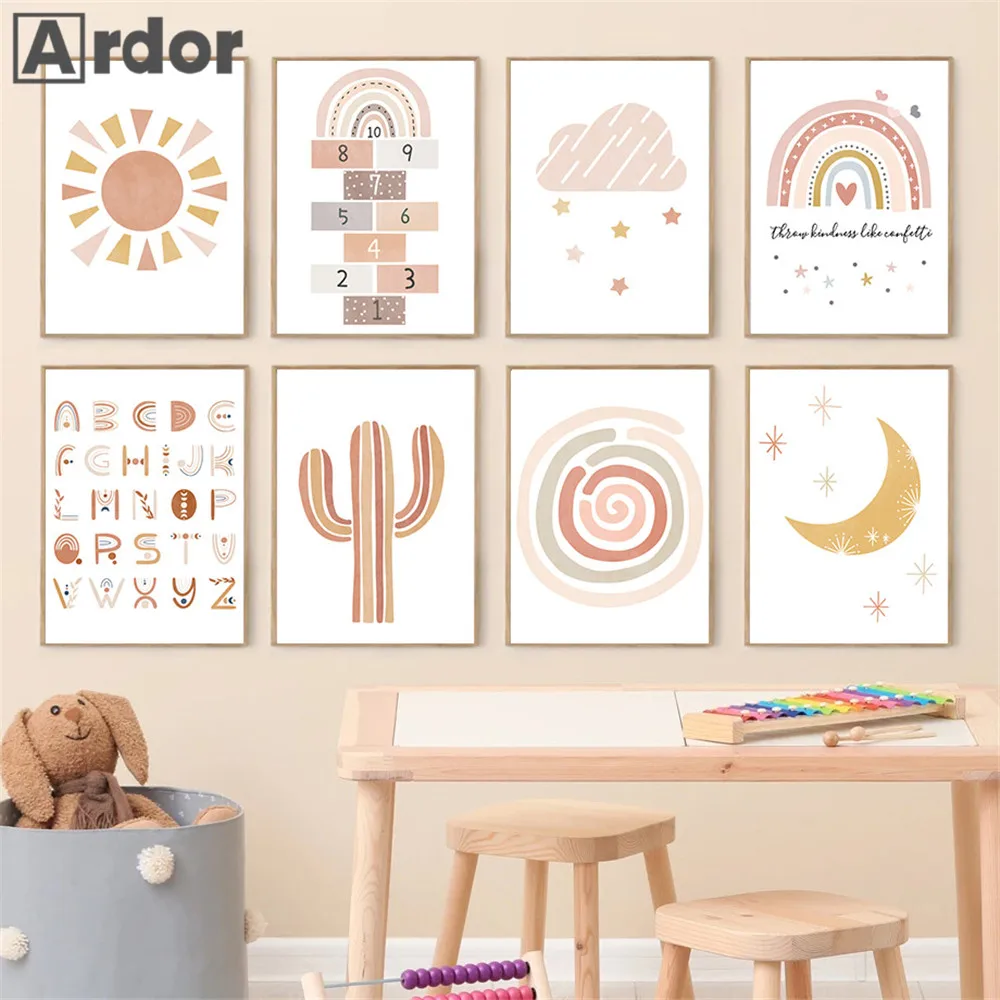 

Alphabet Poster Mural Rainbow Canvas Painting Nursery Art Print Sun Moon Cloud Posters Nordic Wall Pictures Baby Room Decoration
