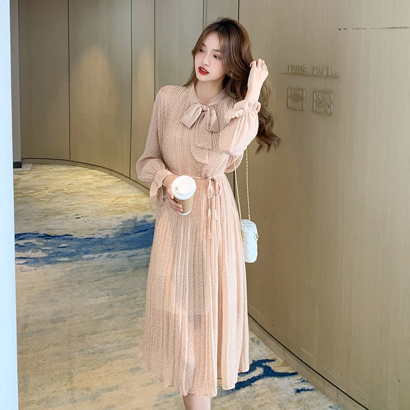 

Шифоновое женское платье для вечерние весенне-осенняя одежда для девочек с длинным рукавом модное ТРАПЕЦИЕВИДНОЕ дамское платье средней д...