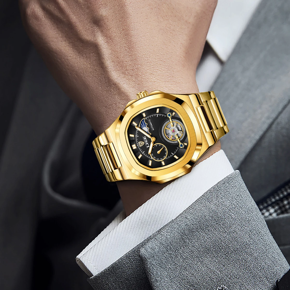 LIGE модные квадратные автоматические часы для мужчин повседневные деловые