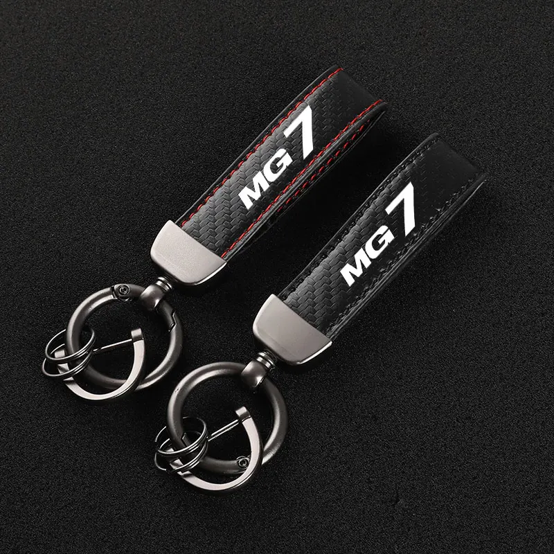 

Carbon Fiber Leather Keychain Car Logo Custom Key Ring With Horseshoe Buckle For MG MG7 Styling Accessories