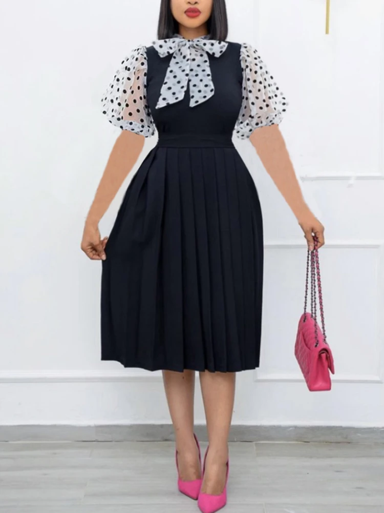 

AOMEI Pleated A Line Midi Dresses Short Sleeve Dot Bowtie Collar Black High Waist Elegant Women Office Casual Patchwork Summer