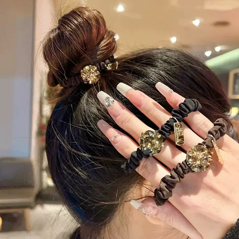 

Korean Rhinestone Hair Rope 2023 Summer New Fashion Scrunchies Elasticity Hair Loop Ties Leather Band Hair Accessories for Women