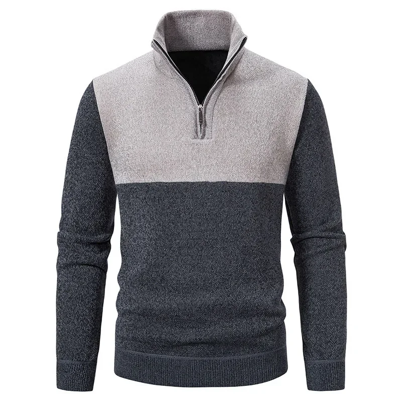 Мужской вязаный пуловер с цветными блоками на флисовой подкладке свитер теплая