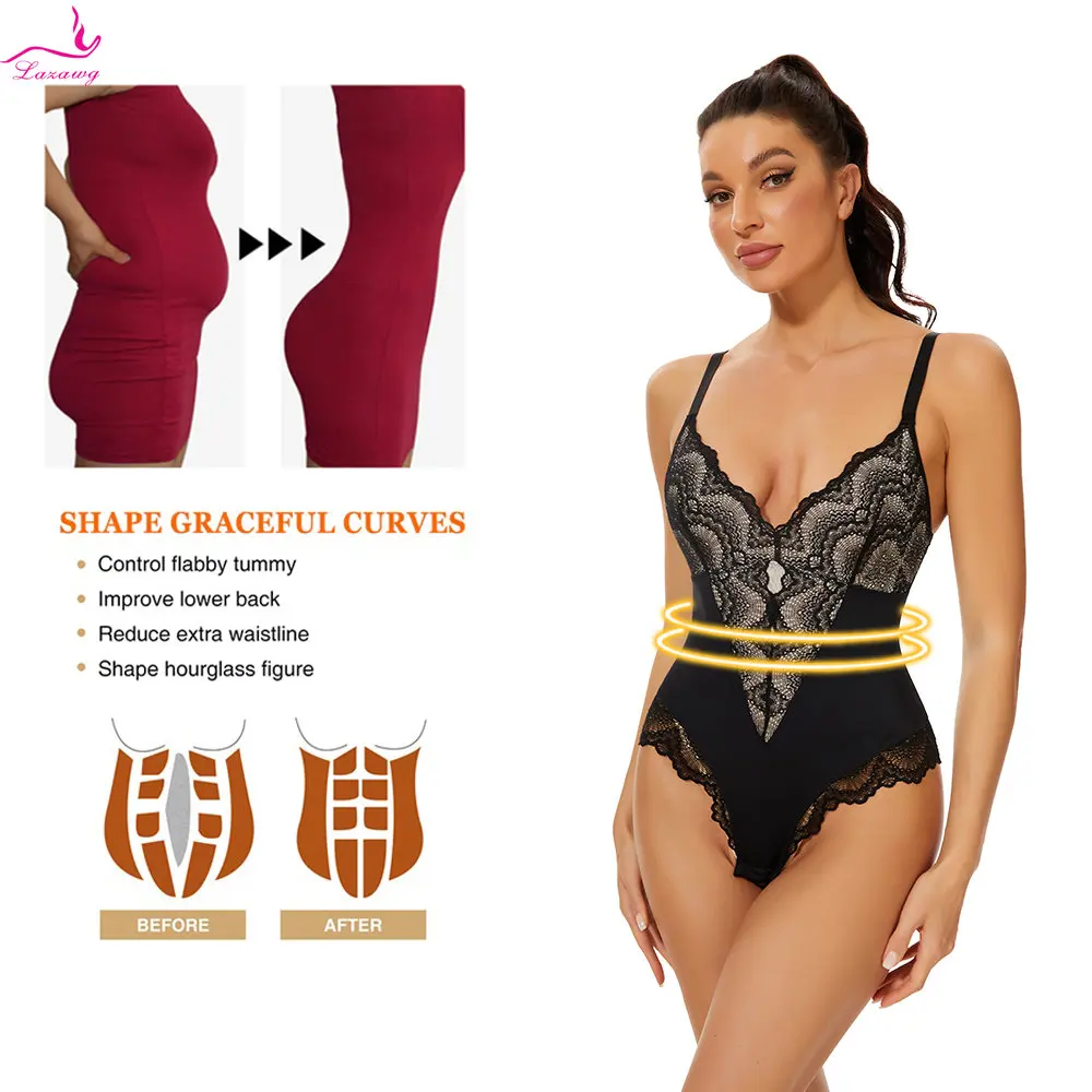 LAZAWG Bodysuit Shapewear Women Full Body Shaper Slim Tummy Control Abdomen Shapers Corset V-neck Belly Trimmer Underwear