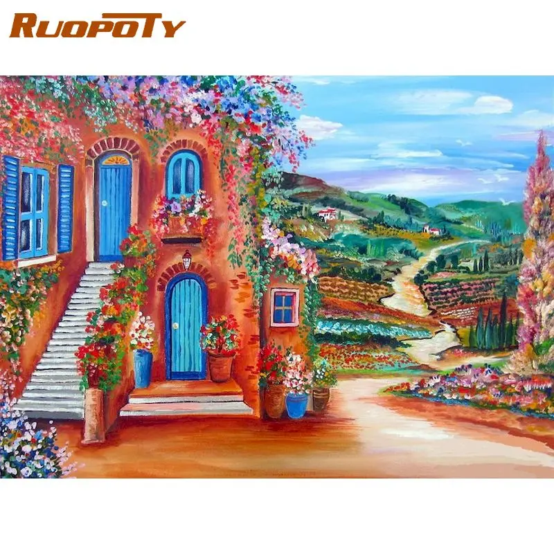 

RUOPOTY Painting By Numbers Red House For Adults 50x65cm DIY Room Wall Art Pictures By Number Scenery Home Decoration Gift