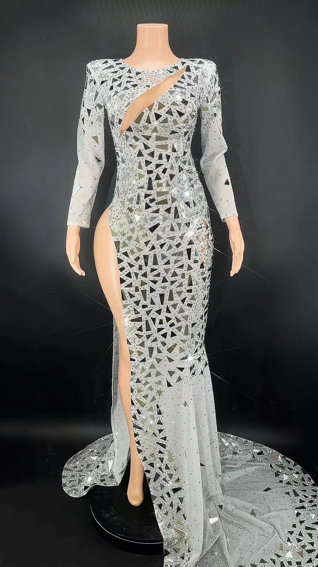 

Car Model Catwalk Female Host Guest Dress Skirt Perspective Sexy One-Piece Long Multi-Color Mirror Sequins Costumes Plus Size