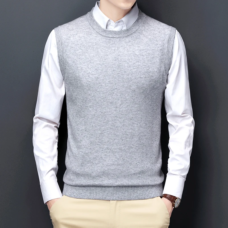 

Men Sweater Vest Korean Round Neck Business Casual Fitted Version Black Light Grey Sleeveless Knitted Vest Top Male Brand
