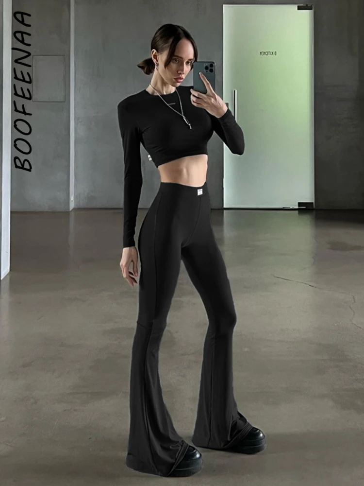 

BOOFEENAA Casual Long Sleeve Crop Top Flare Pants Black Fall Outfits for Women Clothing 2023 Sportswear Matching Sets C66-DA31