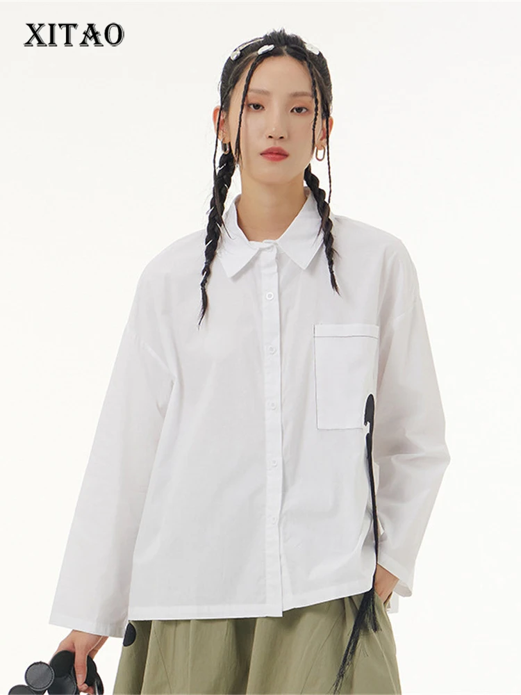 

XITAO, блузка с одной грудью, модная, с длинным рукавом, богиня, веер, повседневный стиль, зима 2022, свободная рубашка с карманом, WLD13352