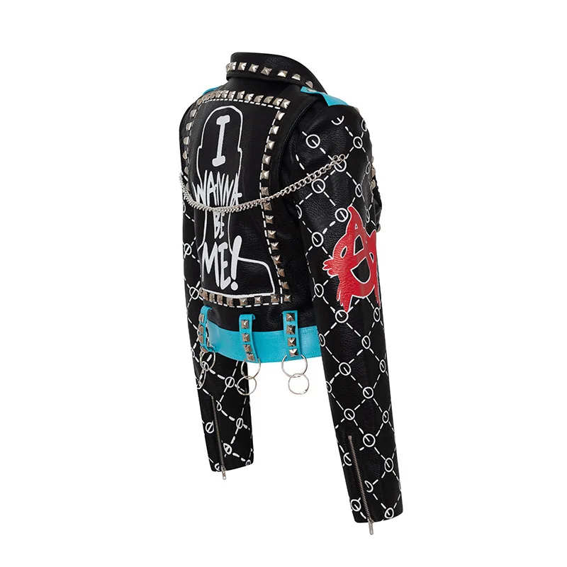 Women Print Faux Leather Jackets Slim Short Outerwear Streetwear Metal Punk Chain Rivet Moto & Biker Leather Coat Jaquetas enlarge
