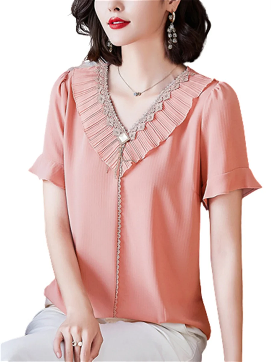 

4XL Women Spring Summer Blouses Shirts Lady Fashion Casual Short Ruffles Sleeve V-Neck Collar Solid Color Blusas Tops CT0252